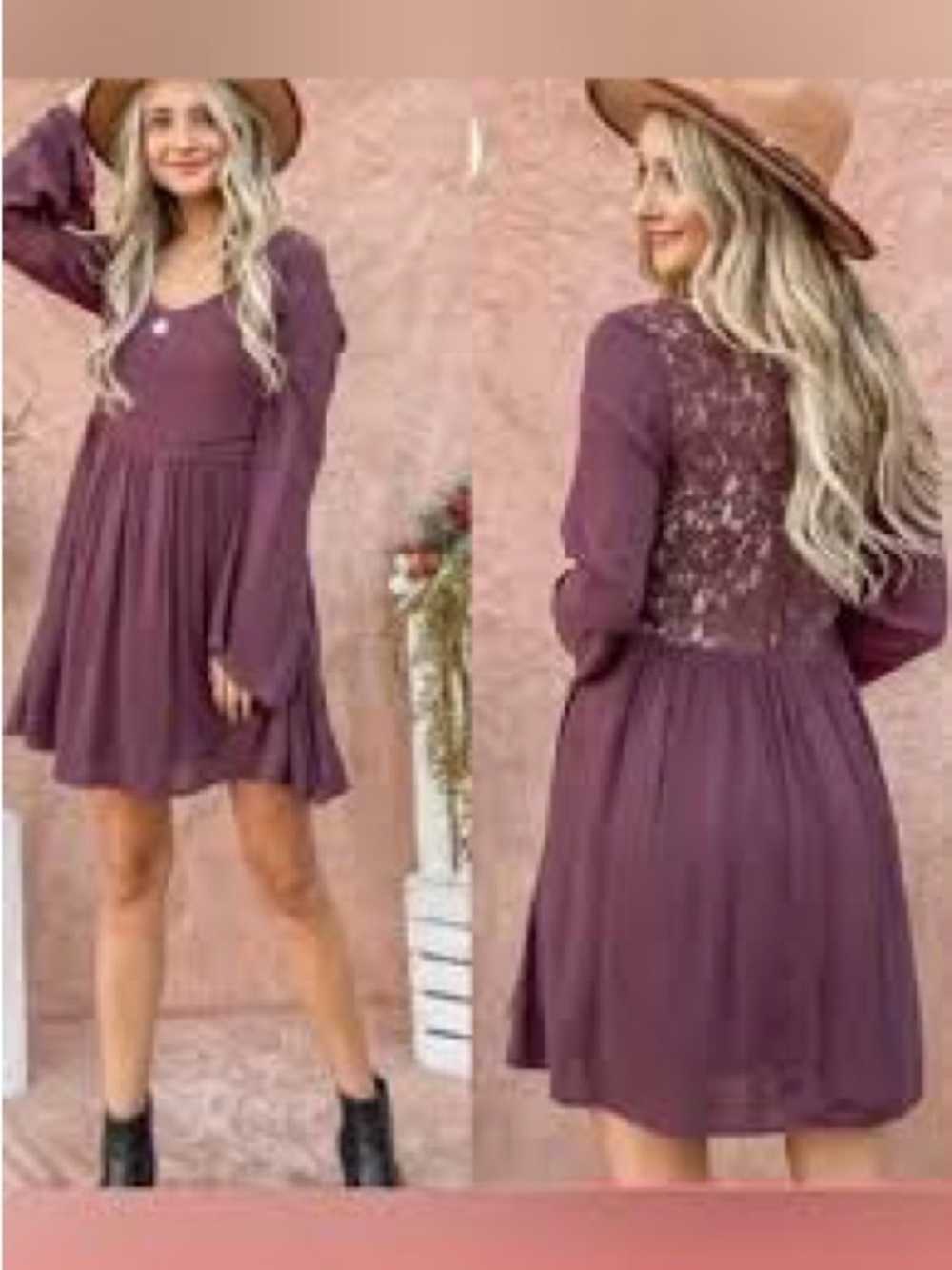 Andthewhy Long-Sleeve Lace-Yoke Baby Doll Dress in Plum